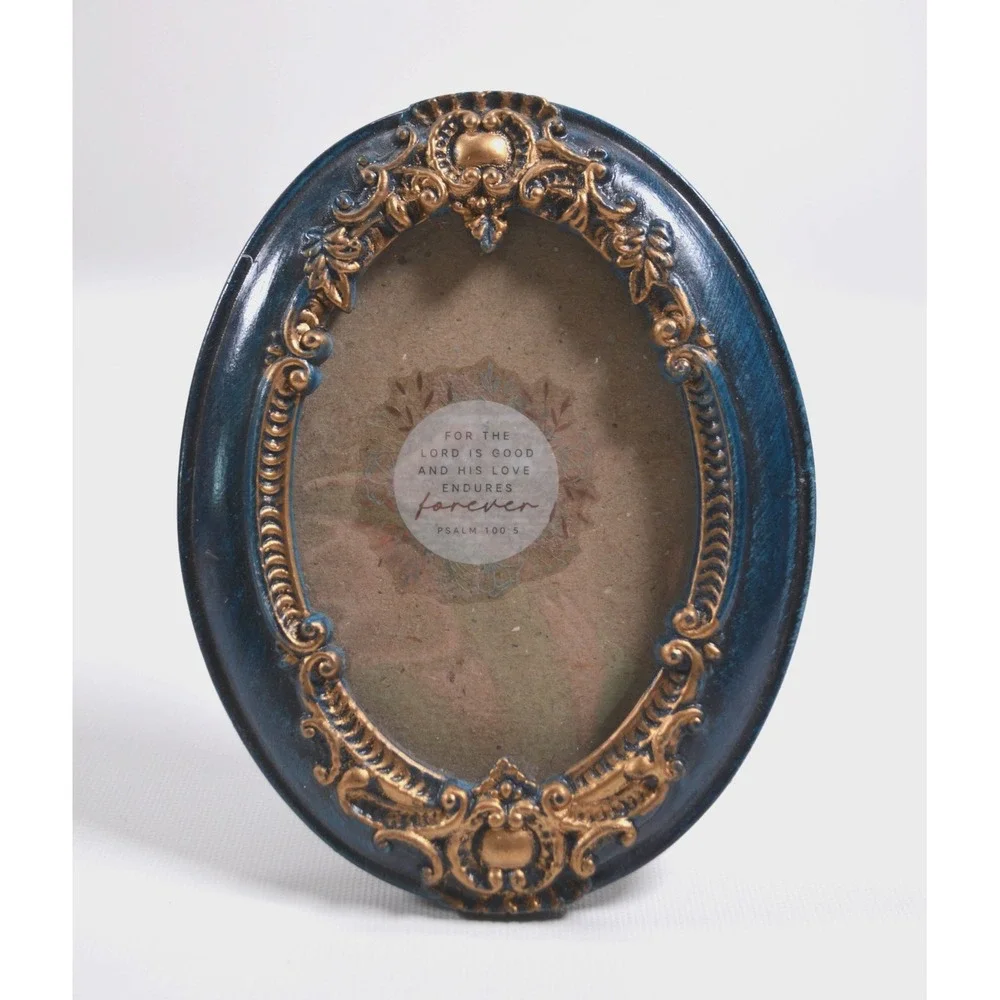 Vintage Style Oval Resin Photo Frame Blue Gold Gilt Ornate Baroque Tabletop